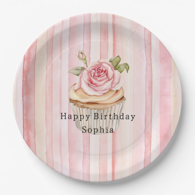 Pink Blush Cream Stripes Rose Cupcake Birthday Paper Plate (Front)