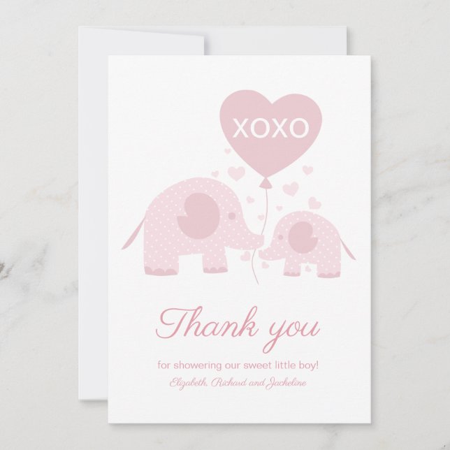 Pink Blush Elephant Girl Baby Shower Thank You Card (Front)