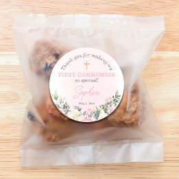 Pink blush First Communion favour sticker for girl