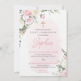 Pink blush First Communion Invitation for girl