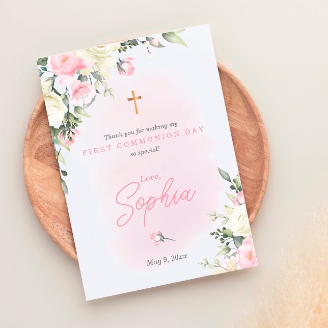 Pink blush First Communion Thank you card for girl (Creator Uploaded)