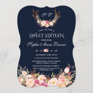 Pink Blush Floral Antlers Dark Blue Sweet 16 Invitation