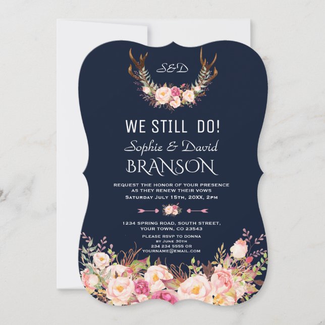 Pink Blush Floral Antlers Dark Blue WE STILL DO Invitation (Front)