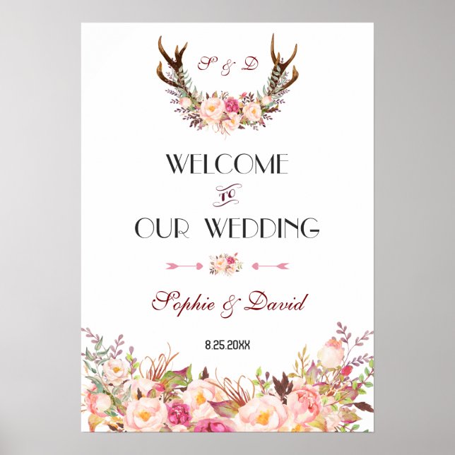 Pink Blush Floral Antlers Welcome Wedding Sign (Front)