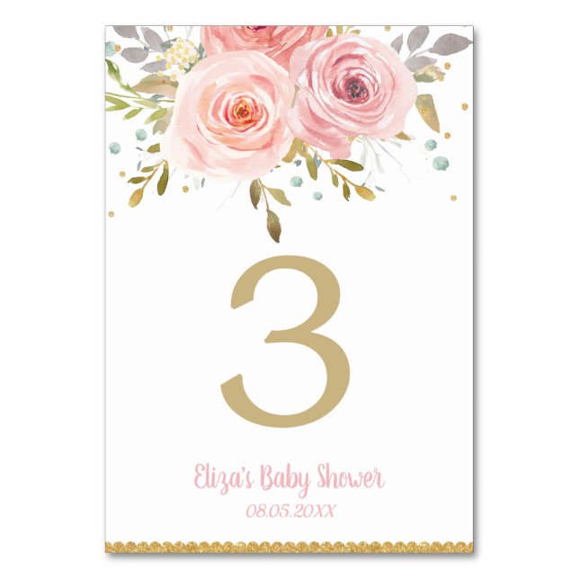 Pink Blush Floral Baby Bridal Shower Birthday Table Number (Front)