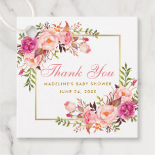 Pink Blush Floral Baby Shower Gold Frame Thank You Favour Tags