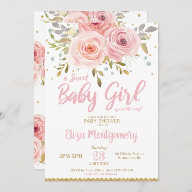 Pink Blush Floral Baby Shower Invitation Girl (Front/Back)