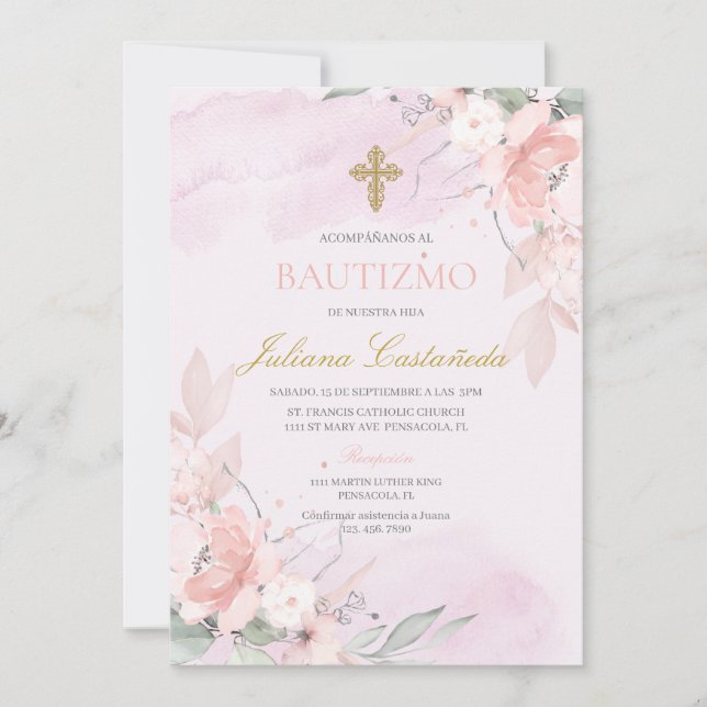  Pink blush floral baptism en espanol Invitation (Front)