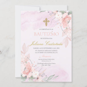  Pink blush floral baptism en espanol Invitation