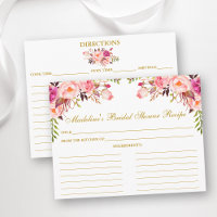 Pink Blush Floral Bridal Shower Gold Recipe Card