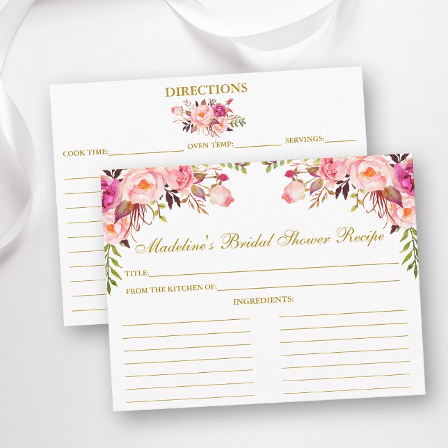 Pink Blush Floral Bridal Shower Gold Recipe Card (Customize to change text color, size or text style.)