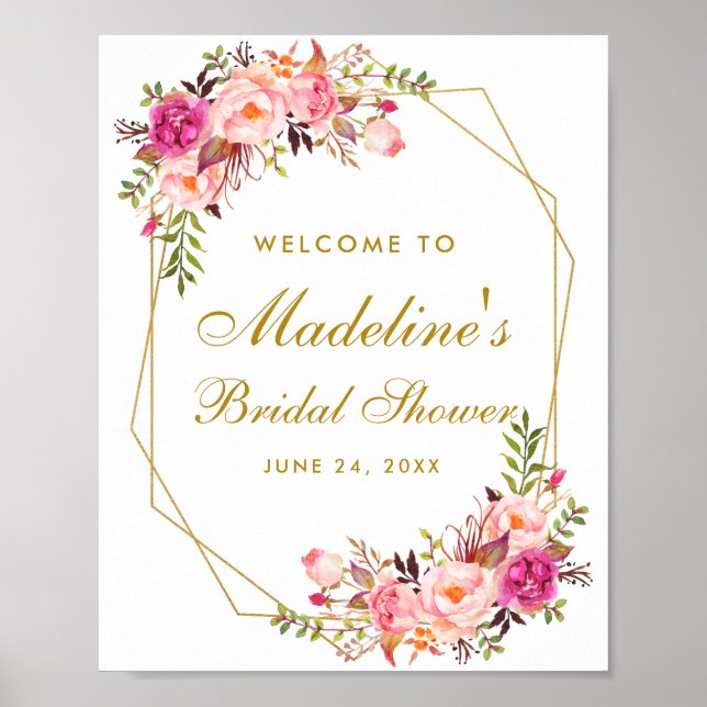 Pink Blush Floral Bridal Shower Gold Welcome Poster (Front)