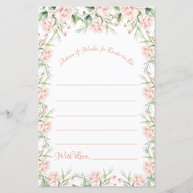Pink Blush Floral Bridal Shower Wishes Advice Game (Front)