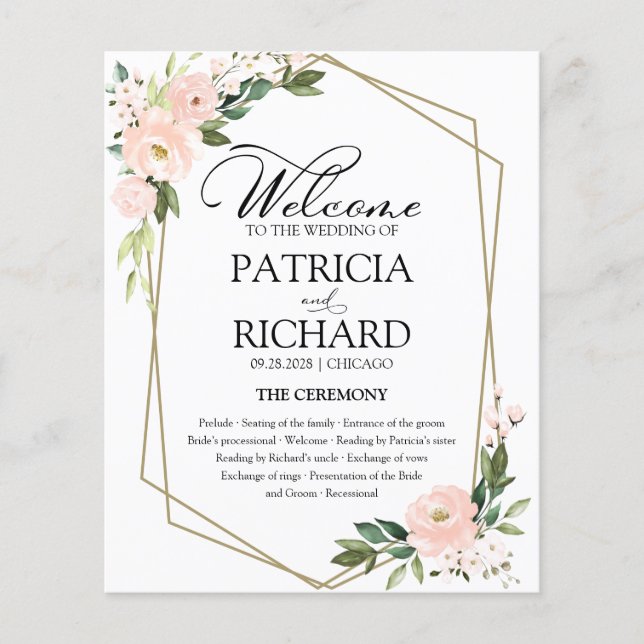 Pink Blush Floral Budget Wedding Ceremony Program (Front)