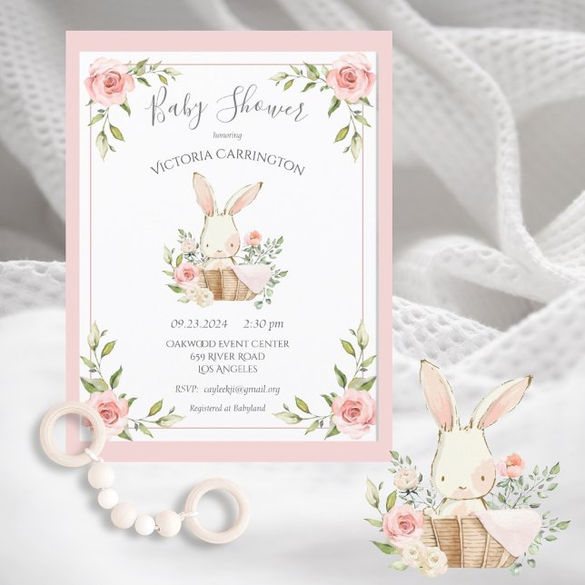 Pink Blush Floral Bunny Rabbit Baby Shower Postcard (Creator Uploaded)