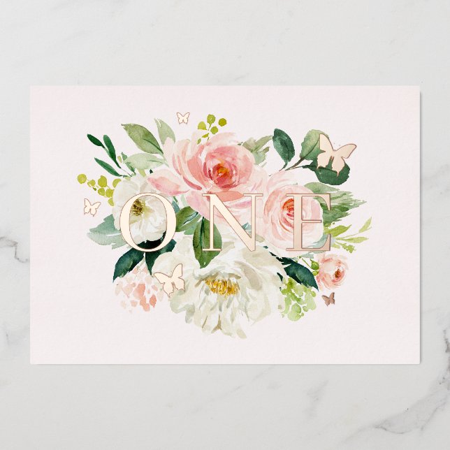 Pink Blush Floral Butterfly Girl 1st Birthday   (Front)