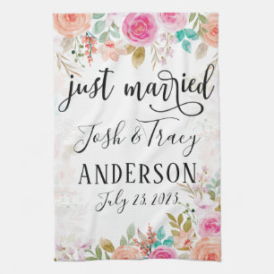 Pink Blush Floral Custom Just Married Tea Towel
