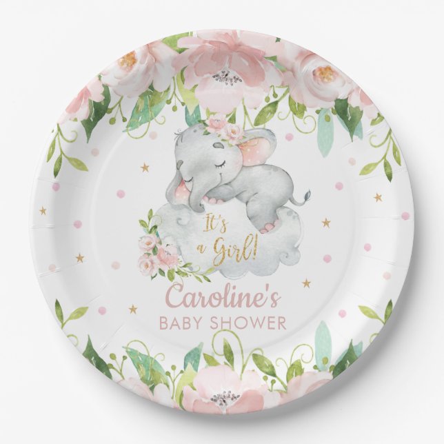Pink Blush Floral Cute Elephant Baby Shower Paper Plate (Front)