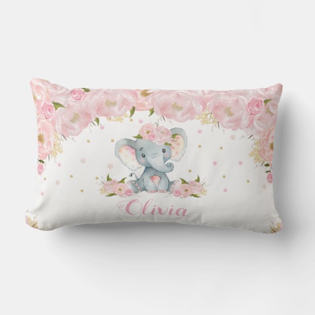 Pink Blush Floral Cute Elephant Kids Room Decor Lumbar Cushion (Front)