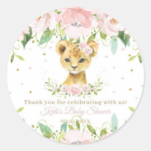 Pink Blush Floral Cute Lion Shower Thank You Favou Classic Round Sticker