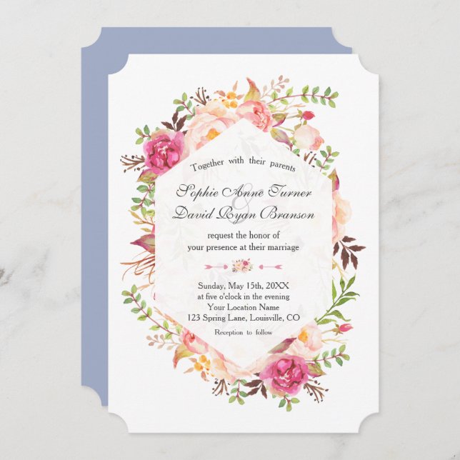 Pink Blush Floral Dusty Blue Geometric Wedding Invitation (Front/Back)