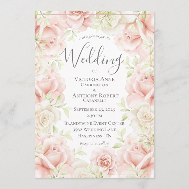 Pink Blush Floral Elegant Romantic Wedding Invitation (Front)