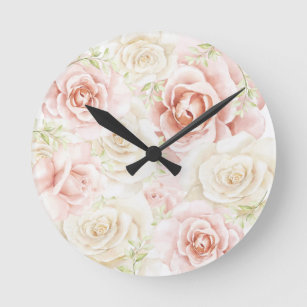 Pink Blush Floral Elegant Round Clock