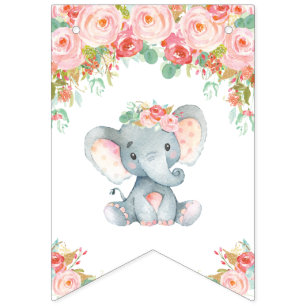Pink Blush Floral Elephant Baby Shower Birthday Bunting
