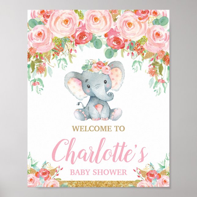 Pink Blush Floral Elephant Baby Shower Welcome Poster (Front)