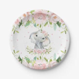 Pink Blush Floral Elephant Birthday Baby Shower Paper Plate