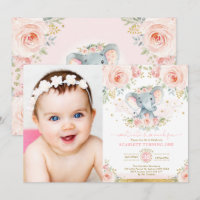 Pink Blush Floral Elephant Girl 1st Birthday Party