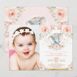 Pink Blush Floral Elephant Girl 1st Birthday Party Invitation