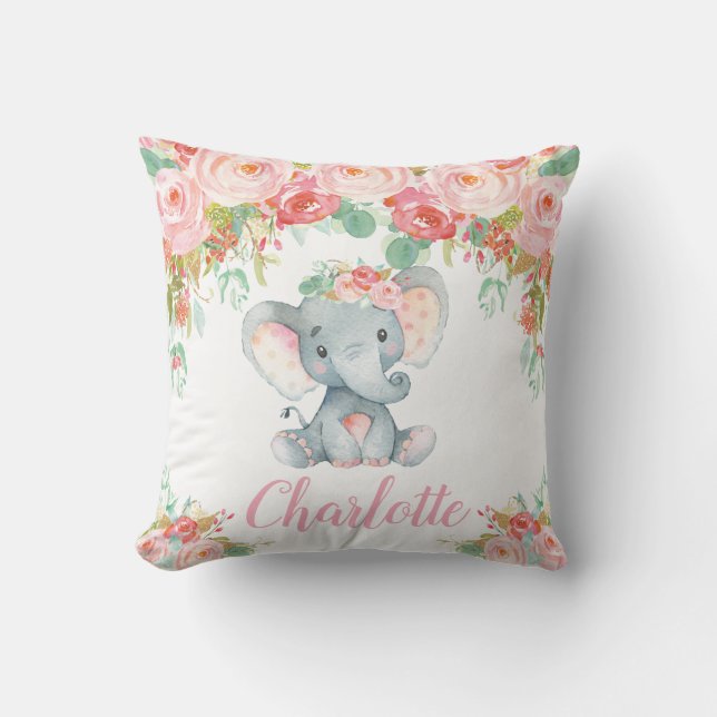 Pink Blush Floral Elephant Girl Nursery Room Decor Cushion (Front)