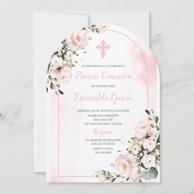 Pink blush floral first comunion Invitation (Front)