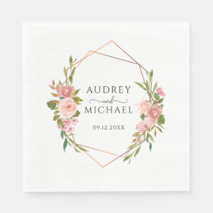 Pink Blush Floral Geometric Frame Wedding Napkin