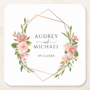 Pink Blush Floral Geometric Frame Wedding Square Paper Coaster