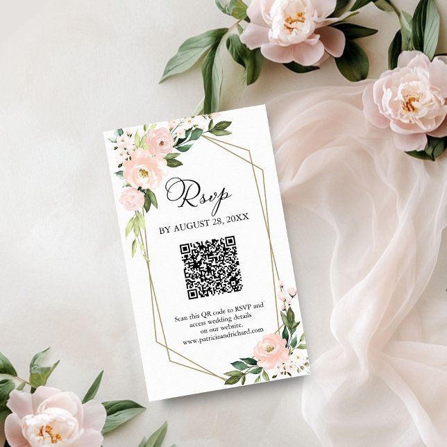 Pink Blush Floral Geometric  Wedding QR RSVP Enclosure Card (Creator Uploaded)