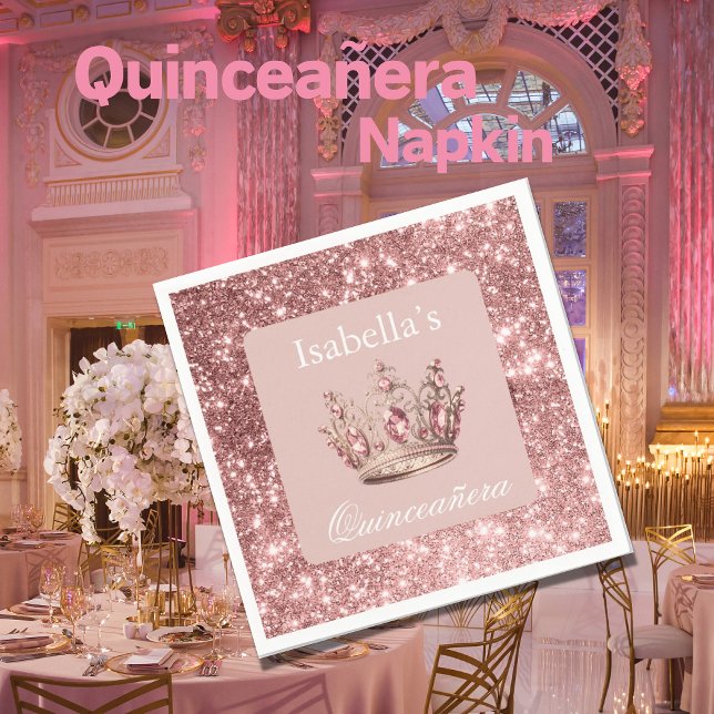 Pink Blush Floral Glitter Tiara Crown Quinceañera Napkin (Creator Uploaded)