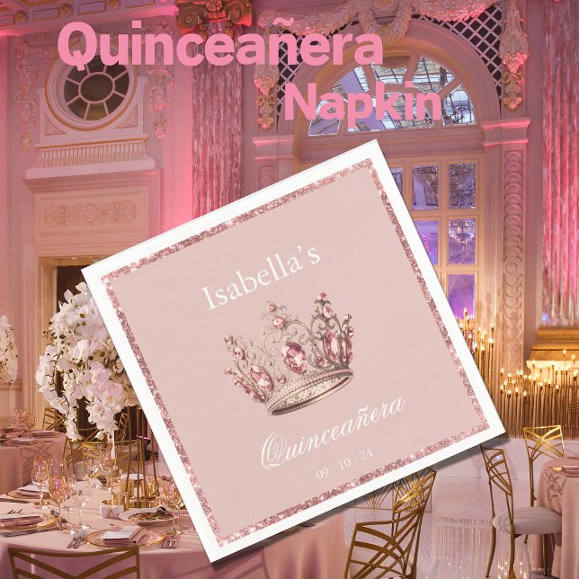 Pink Blush Floral Glitter Tiara Crown Quinceañera Napkin (Creator Uploaded)