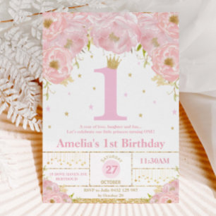 Pink Blush Floral Gold 1st Birthday Girl Princess  Invitation