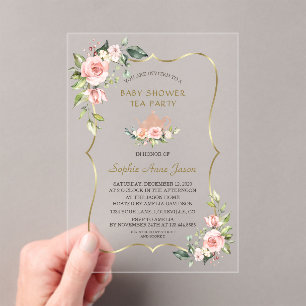 Pink Blush Floral Gold Baby Shower Tea Party Acrylic Invitations