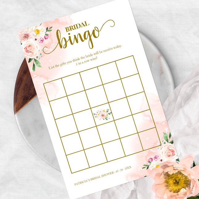 Pink Blush Floral Gold  Bridal Shower Bingo Flyer (Creator Uploaded)