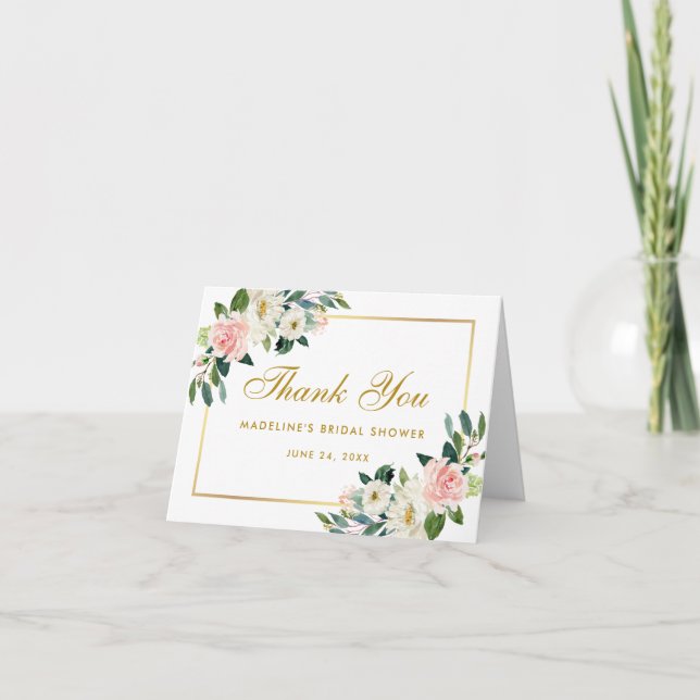 Pink Blush Floral Gold Bridal Shower Thanks Note Thank You Card (Front)