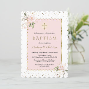 Pink Blush Floral Gold Cross Girl Twins Baptism    Invitation