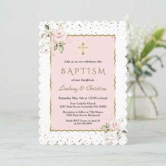 Pink Blush Floral Gold Cross Girl Twins Baptism    Invitation