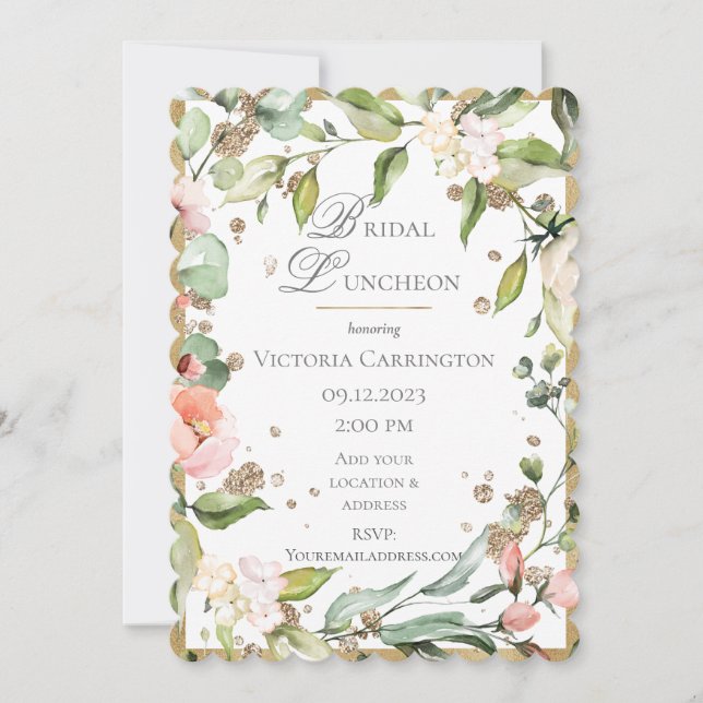 Pink Blush Floral Gold Elegant Bridal Luncheon #45 Invitation (Front)