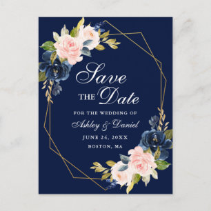 Pink Blush Floral Gold Frame Blue Save the Date Announcement Postcard