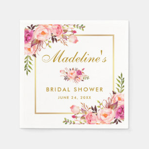 Pink Blush Floral Gold Frame Bridal Shower Napkin