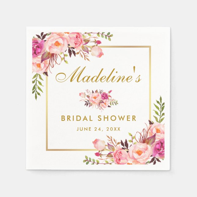 Pink Blush Floral Gold Frame Bridal Shower Napkin (Front)