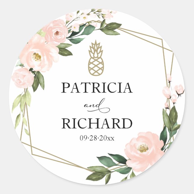 Pink Blush Floral Gold Geometric Wedding Classic R Round Sticker (Front)